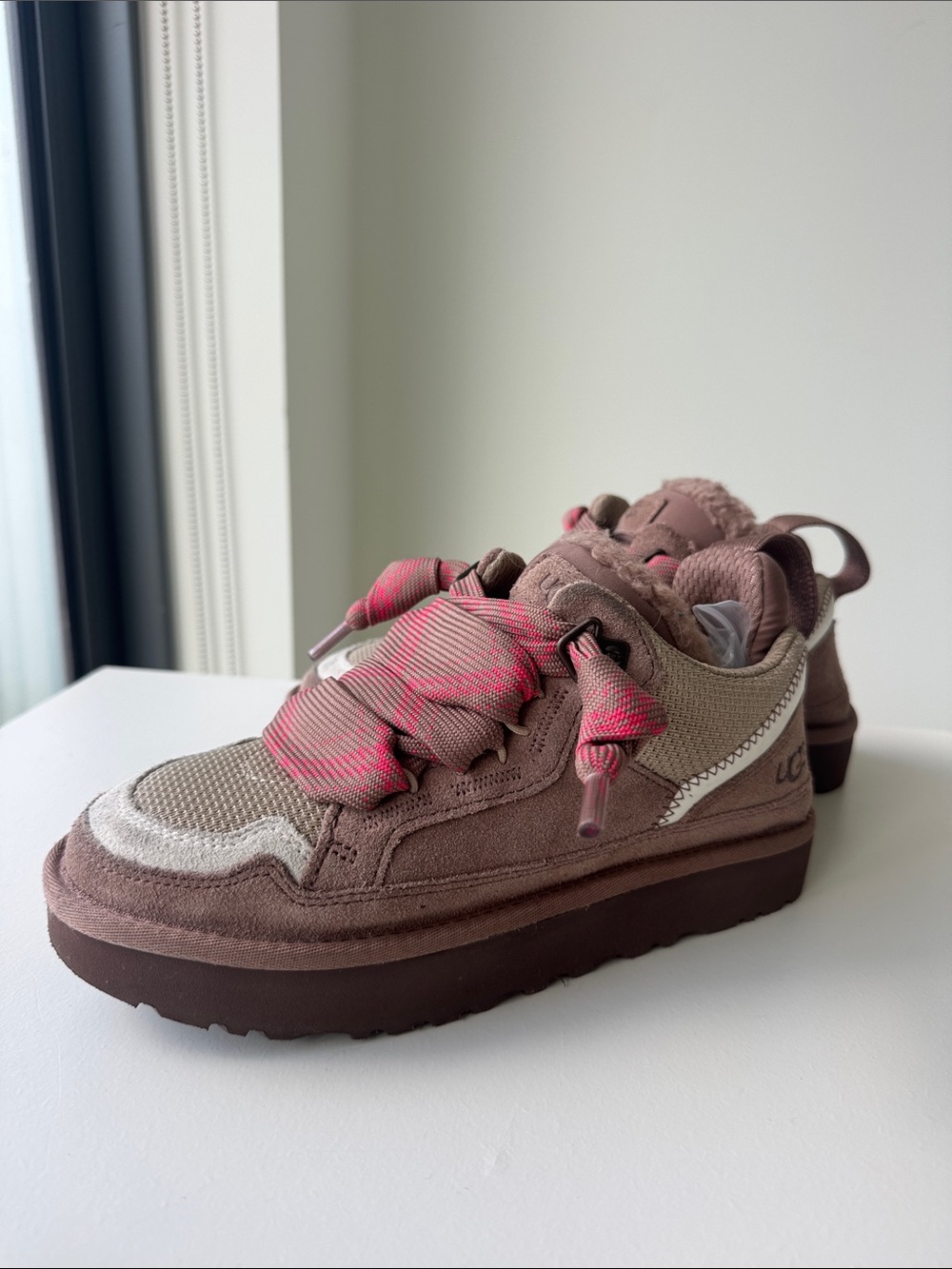 UGG Kids Brown Suede Sneakers with Pink Rope Laces